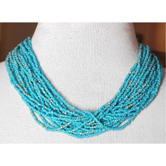 Multistrand Turquoise Blue Seed Beaded Necklace Choker Western Boho Indie Y2K - Picture 1 of 4